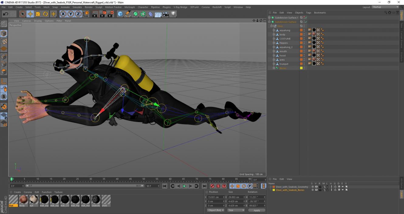 3D Diver with Seabob F5SR Personal Watercraft Rigged for Cinema 4D model