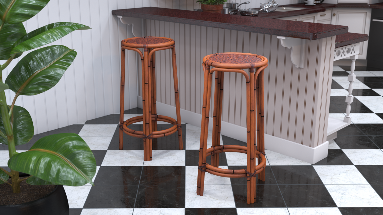 Rattan Bar Stool Round High 3D