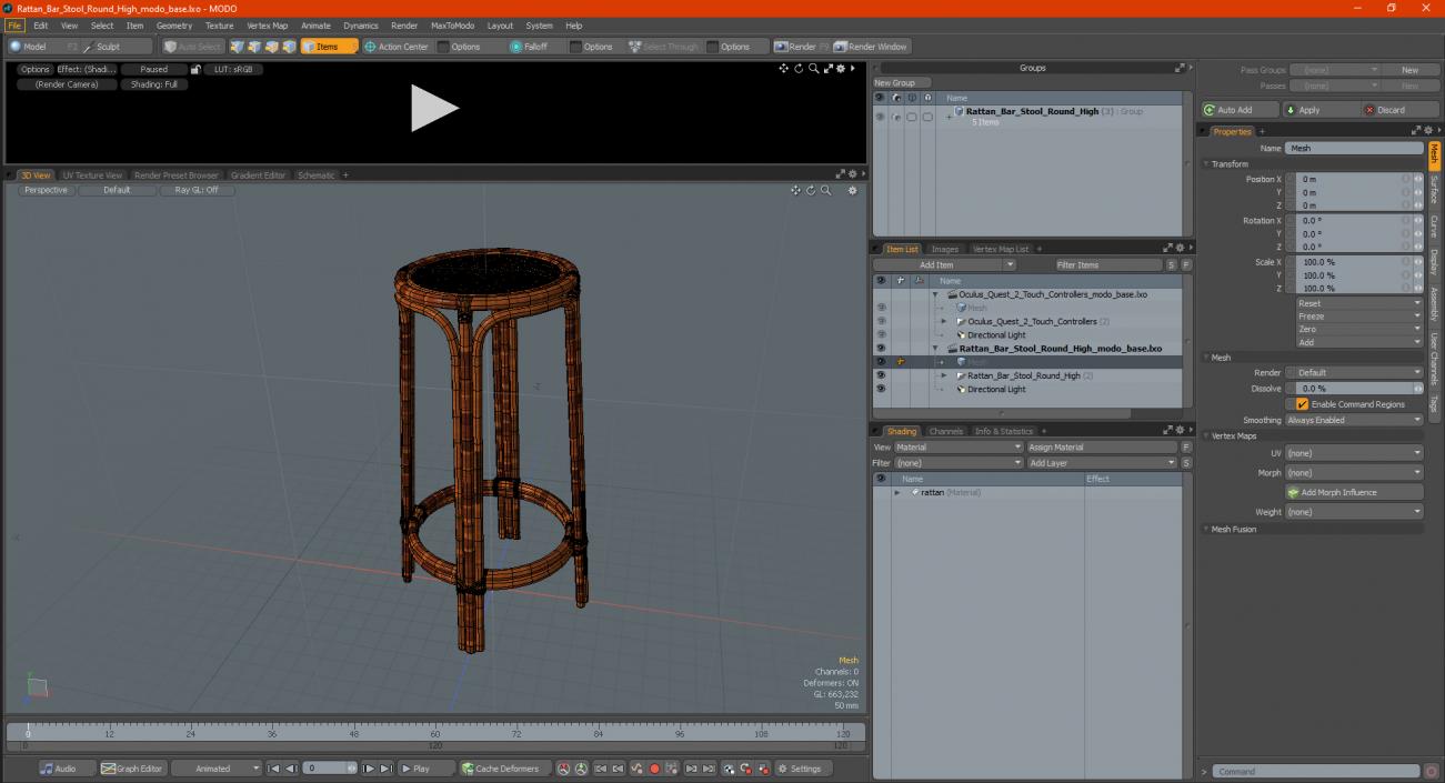 Rattan Bar Stool Round High 3D