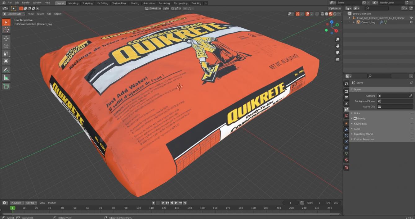 3D Lying Bag Cement Quikrete 66 Lb Orange model