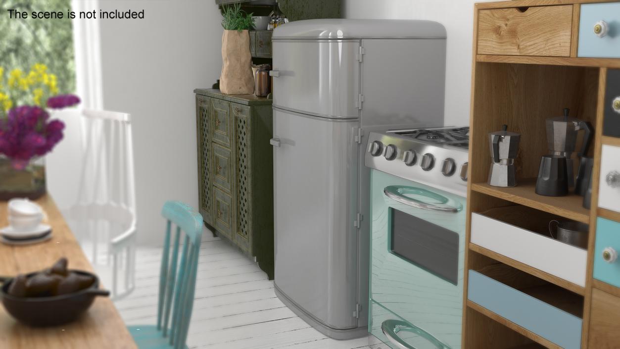 Aluminium Retro Fridge with Top Freezer 3D model