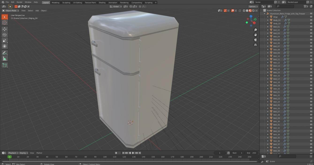 Aluminium Retro Fridge with Top Freezer 3D model