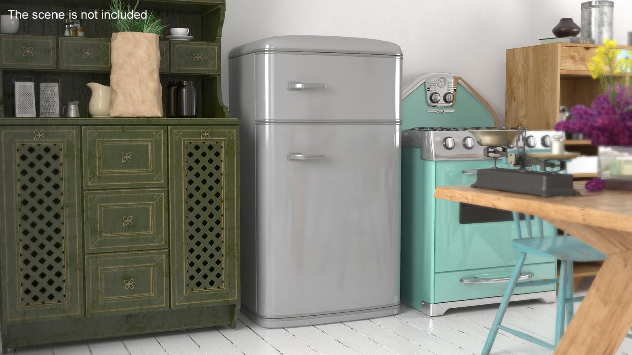 Aluminium Retro Fridge with Top Freezer 3D model