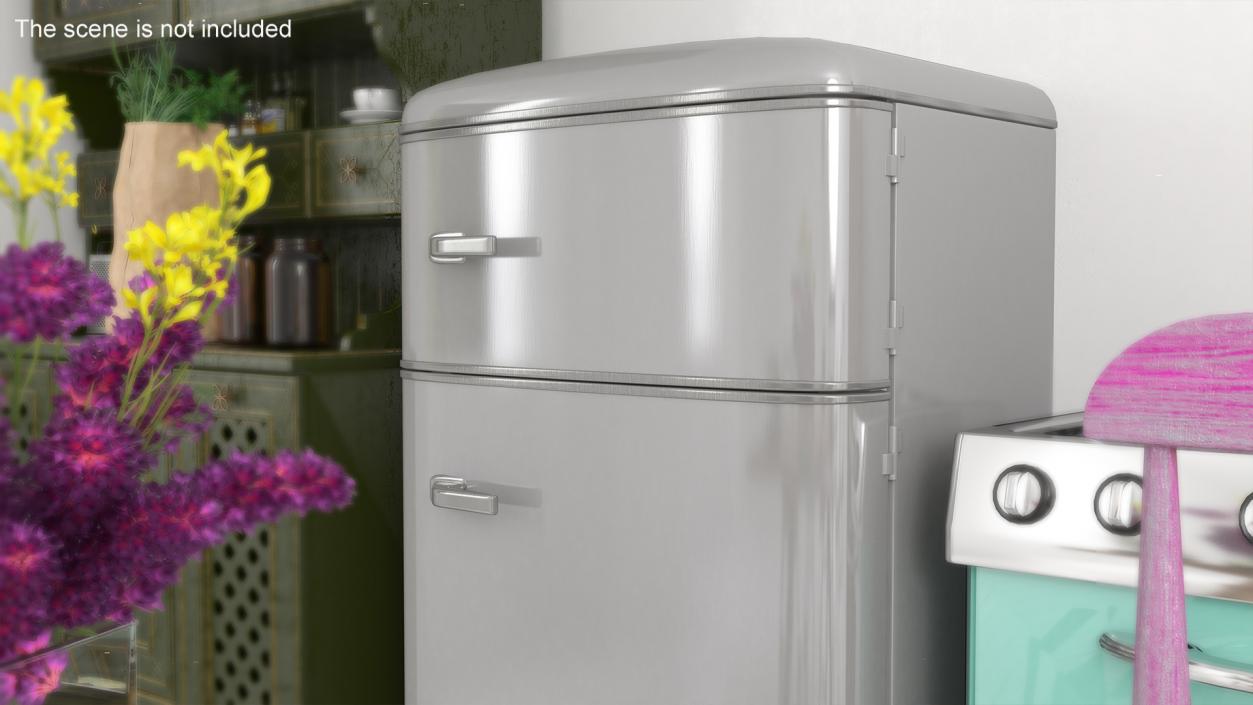 Aluminium Retro Fridge with Top Freezer 3D model