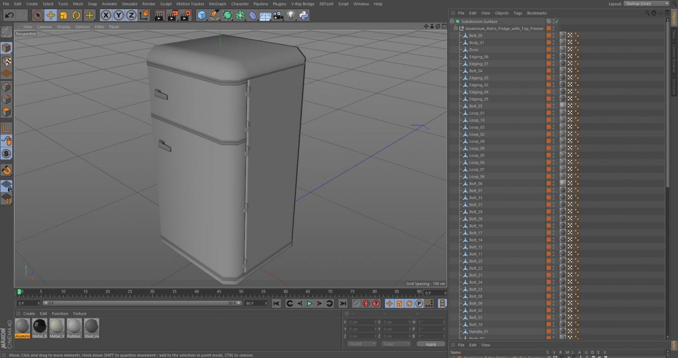 Aluminium Retro Fridge with Top Freezer 3D model