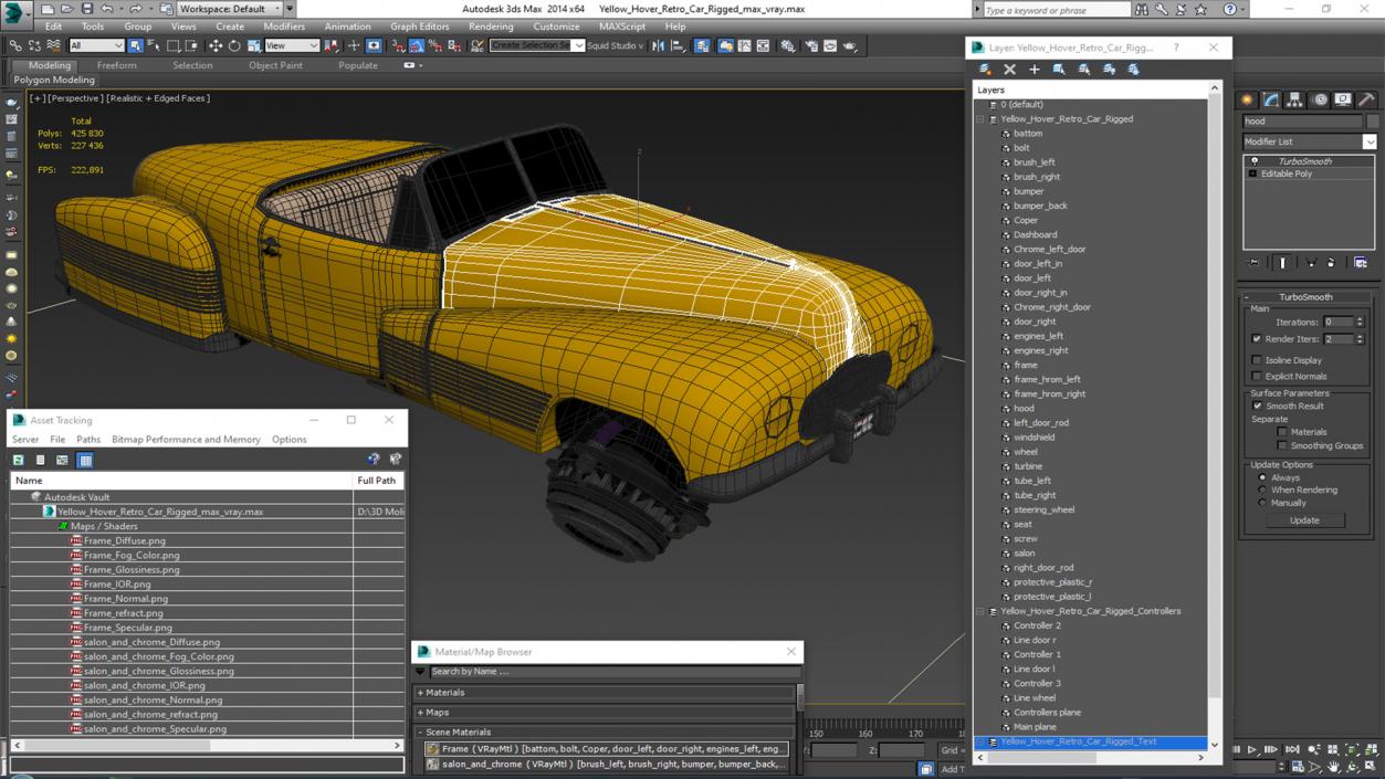 3D Yellow Hover Retro Car Rigged for Cinema 4D model