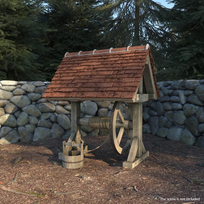 Old Water Well with Pulley and Bucket 3D