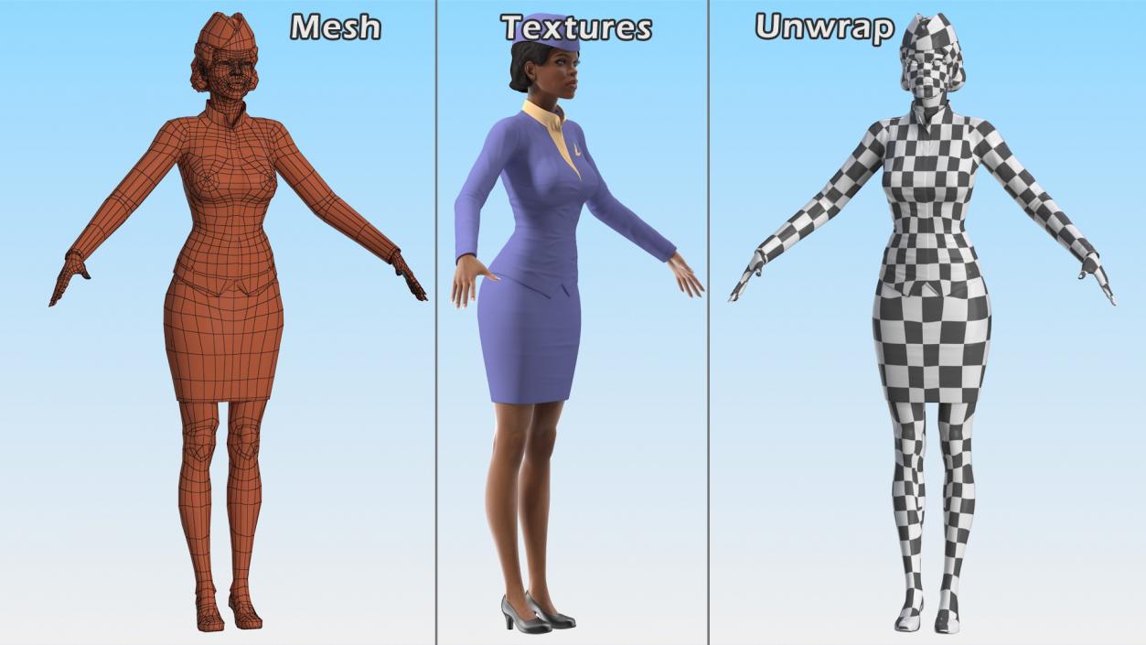 Light Skin Black Stewardess Rigged 3D model