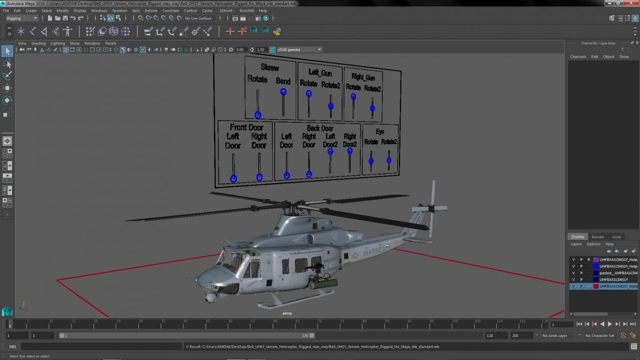 Bell UH1Y Venom Helicopter Rigged for Maya 3D