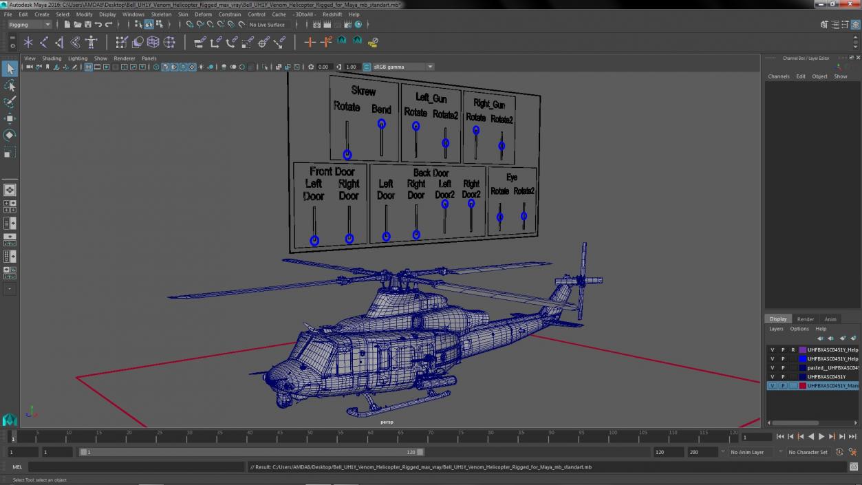 Bell UH1Y Venom Helicopter Rigged for Maya 3D