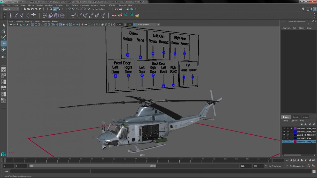 Bell UH1Y Venom Helicopter Rigged for Maya 3D