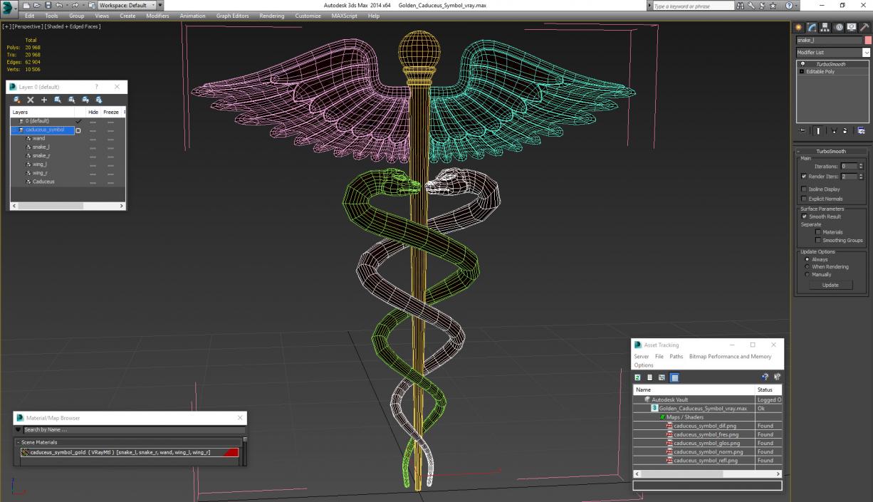 Golden Caduceus Symbol 3D