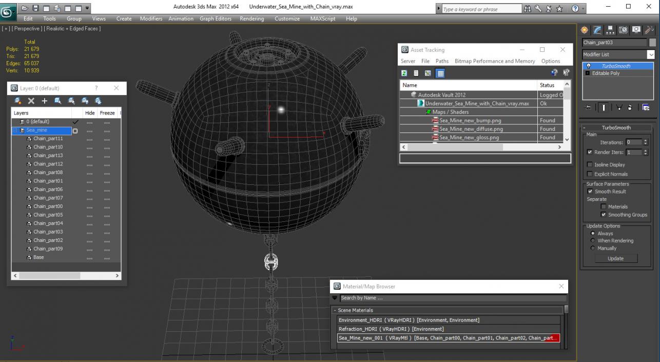 3D model Underwater Sea Mine with Chain