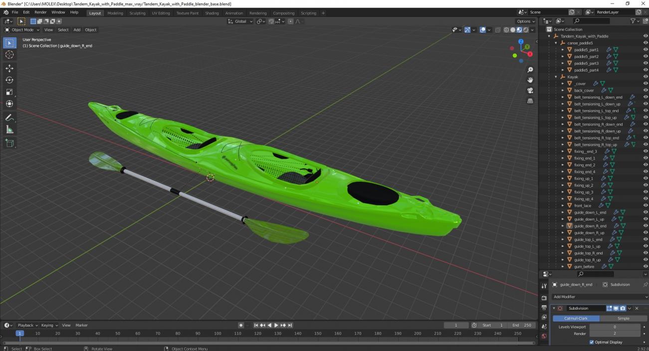 Tandem Kayak with Paddle 3D model