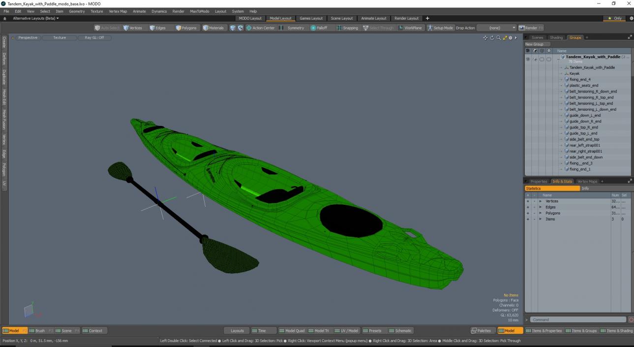 Tandem Kayak with Paddle 3D model