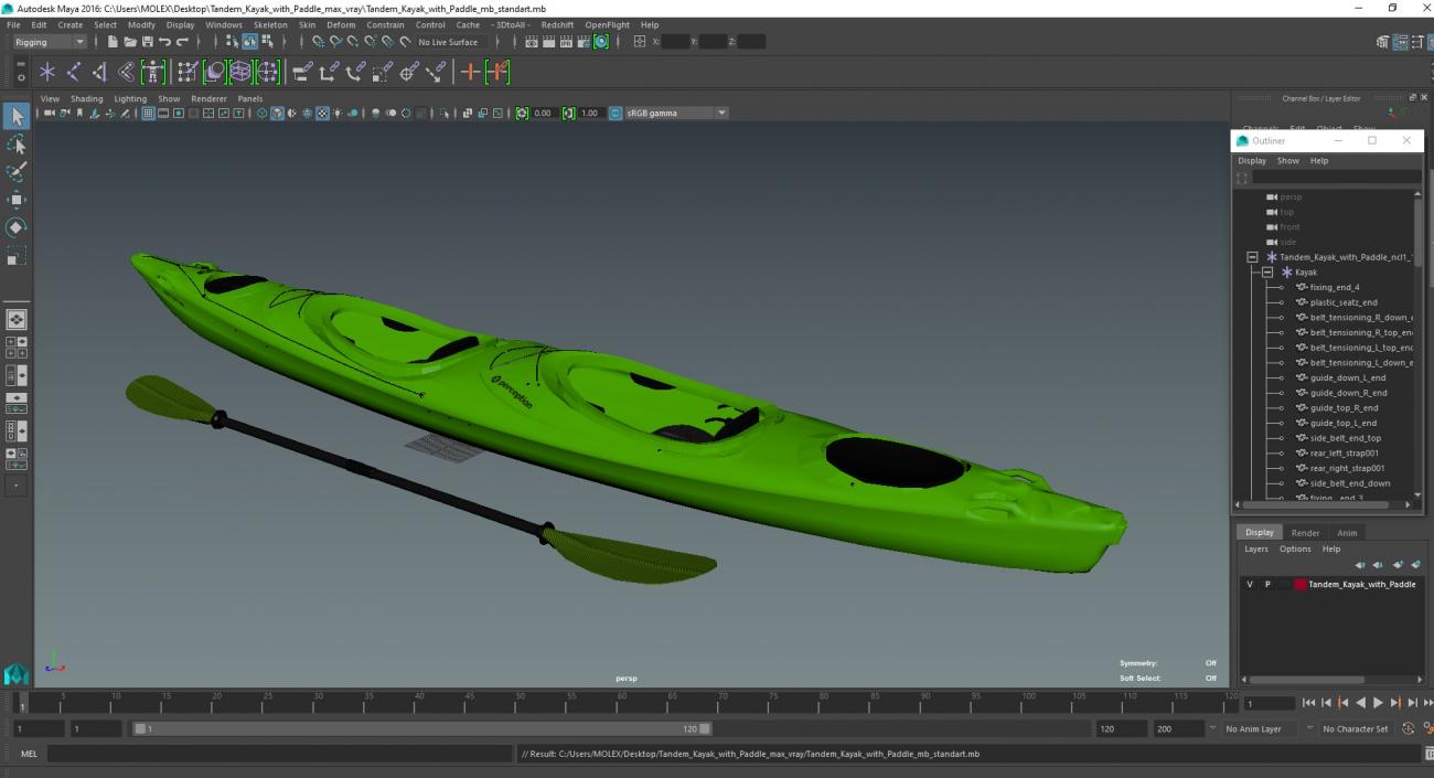 Tandem Kayak with Paddle 3D model