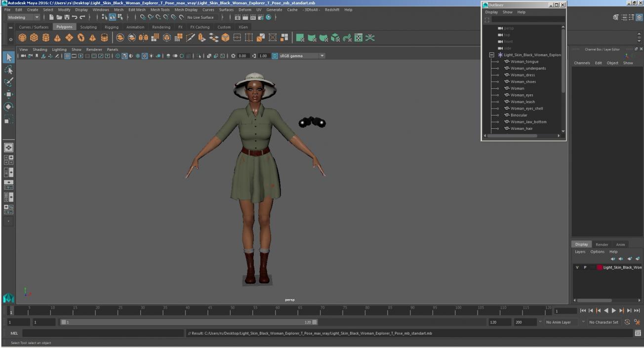 3D Light Skin Black Woman Explorer T Pose model