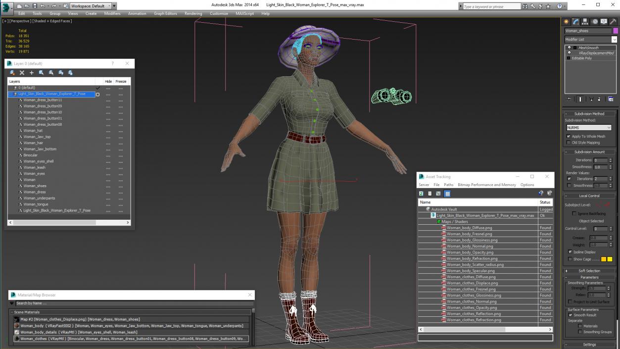 3D Light Skin Black Woman Explorer T Pose model