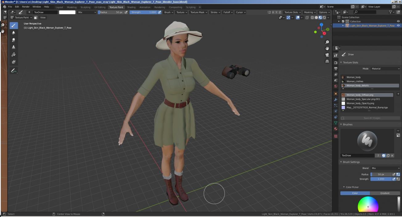 3D Light Skin Black Woman Explorer T Pose model