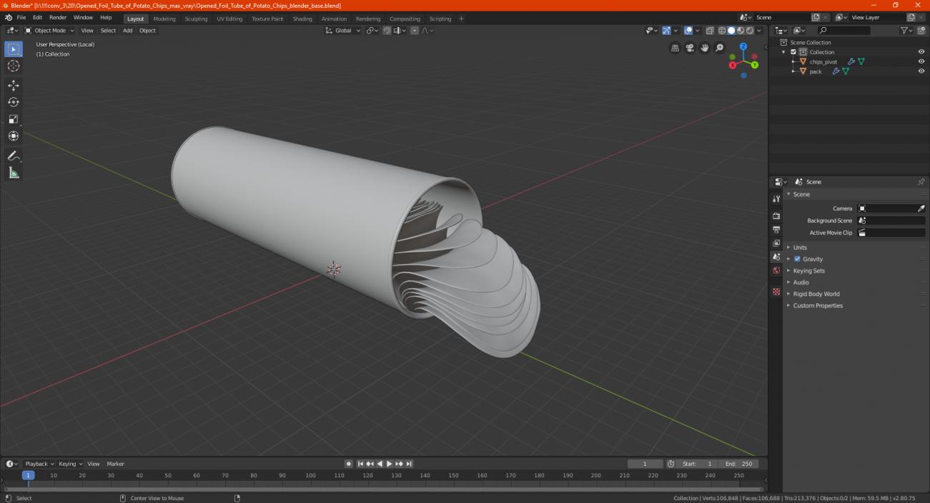 3D model Open Foil Tube of Potato Chips