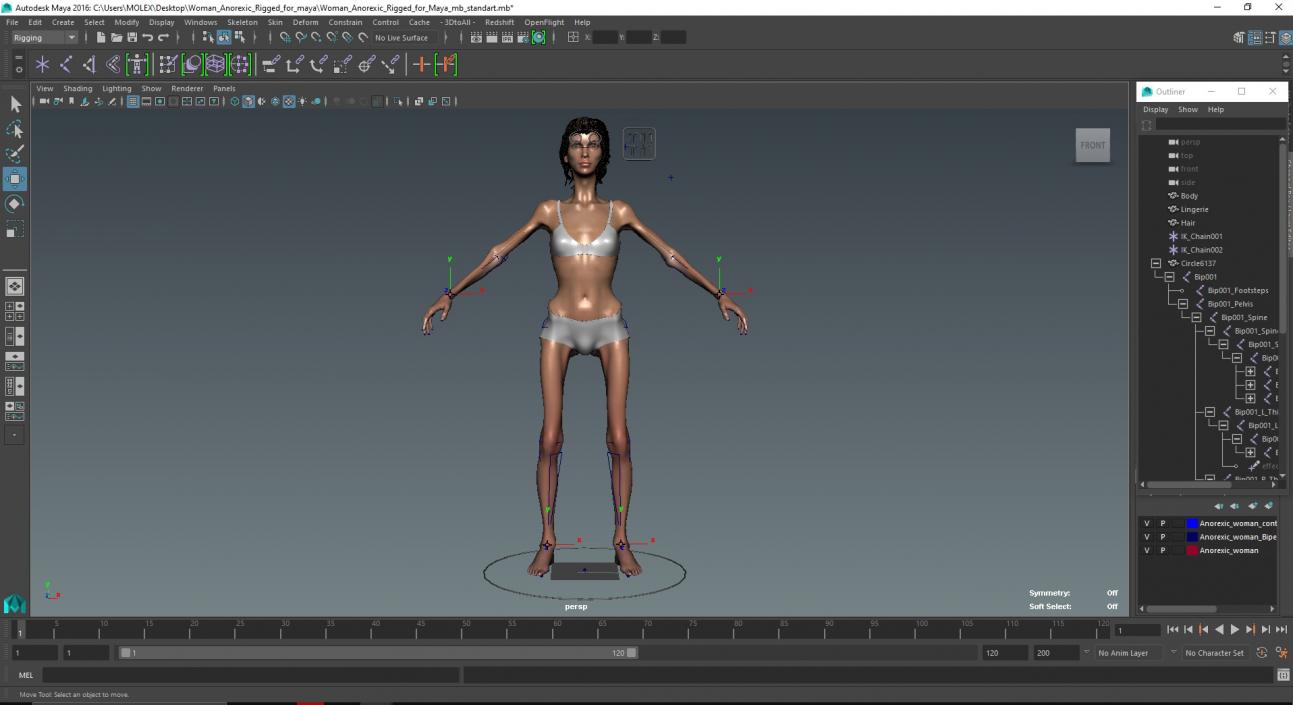 3D model Woman Anorexic Rigged for Maya