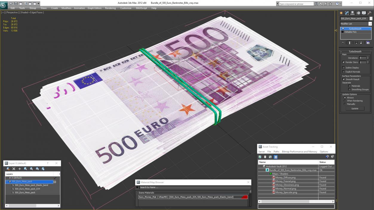 Bundle of 500 Euro Banknotes Bills 3D model