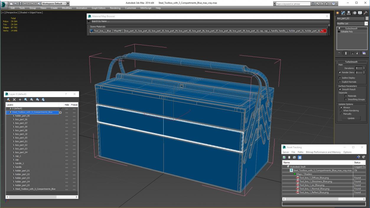 3D Steel Toolbox with 5 Compartments Blue model