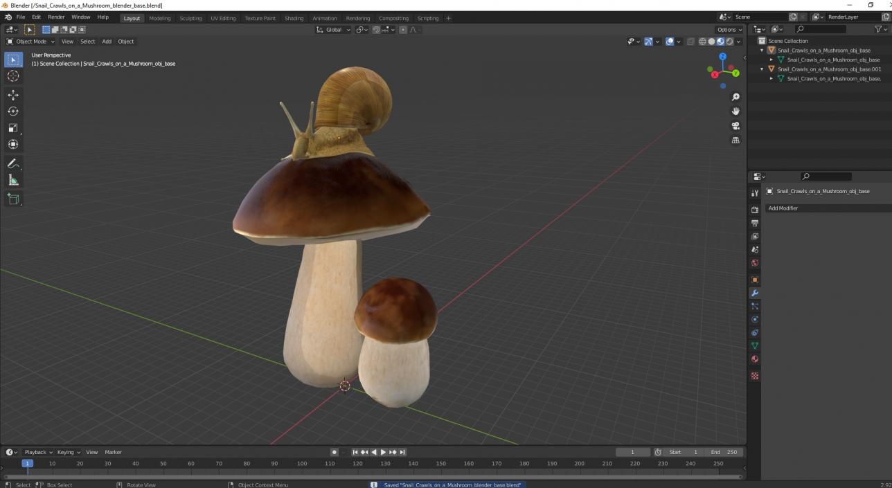 3D Snail Crawls on a Mushroom