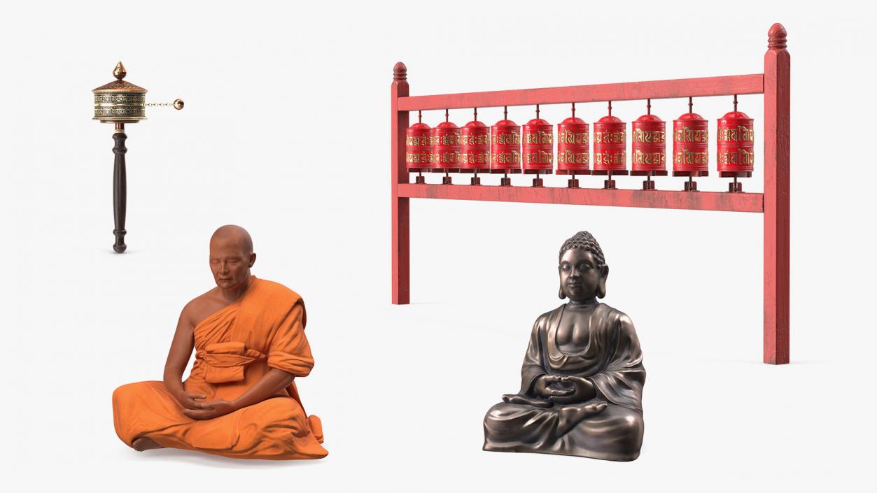 3D model Buddhist Monk with Prayer Wheels Collection 3