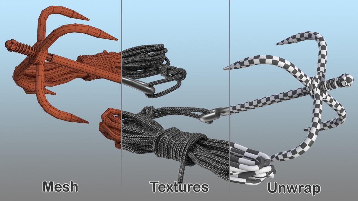 Folding Grappling Hook with Rope 3D