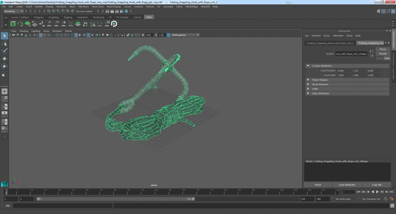 Folding Grappling Hook with Rope 3D