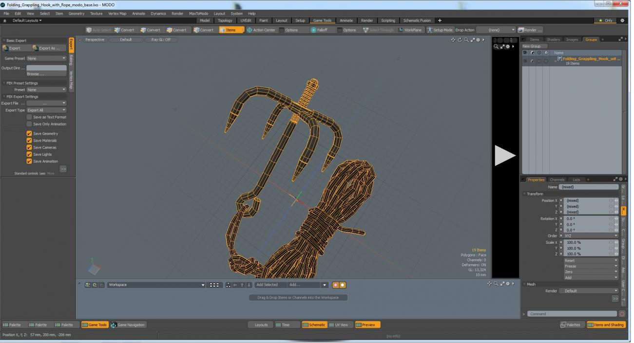 Folding Grappling Hook with Rope 3D