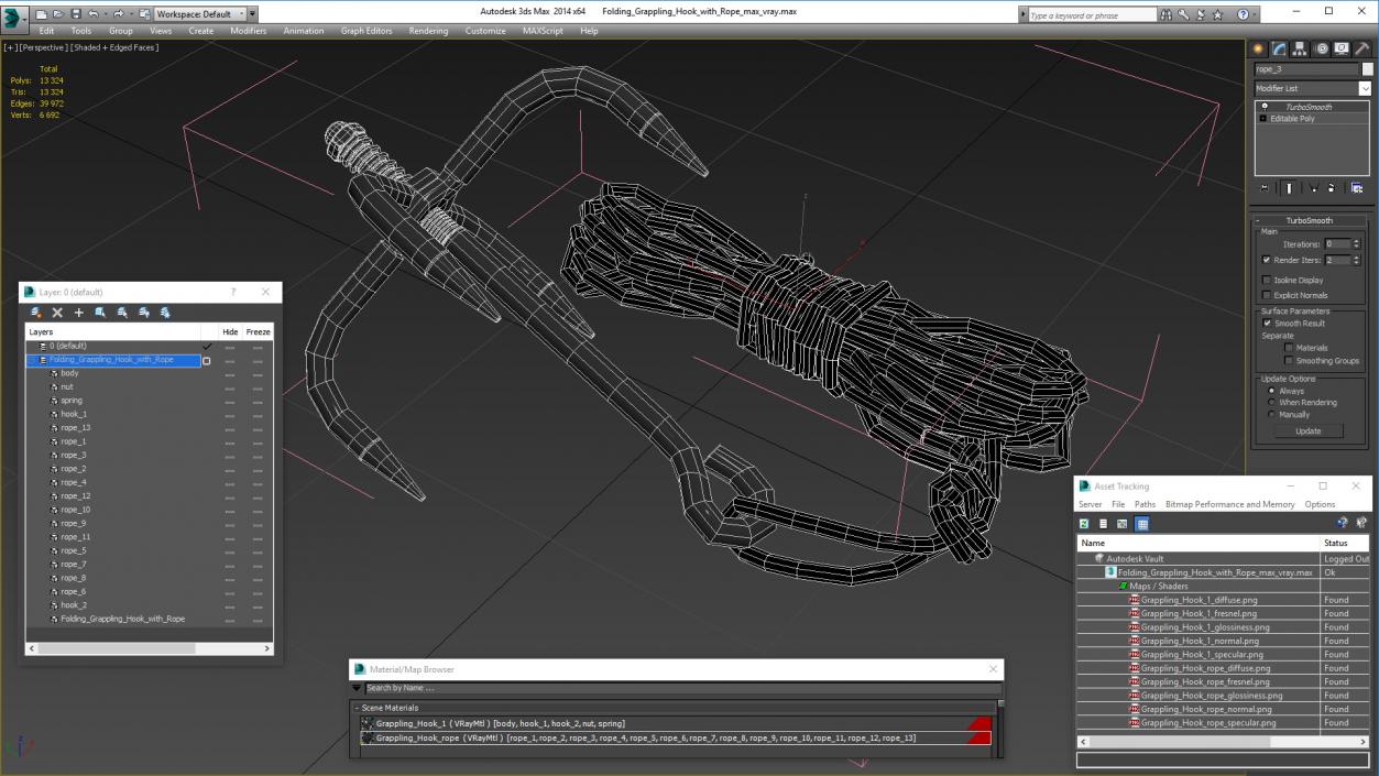 Folding Grappling Hook with Rope 3D