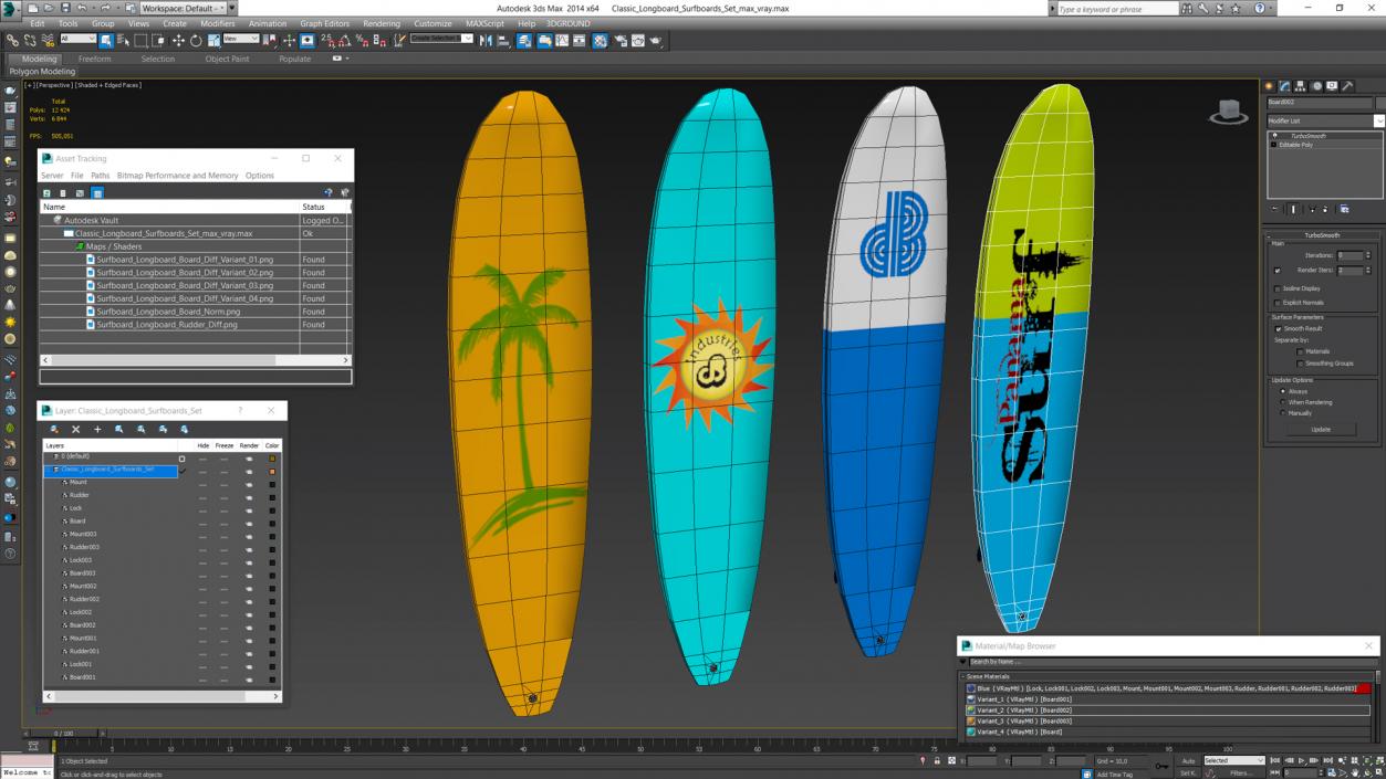 Classic Longboard Surfboards Set 3D