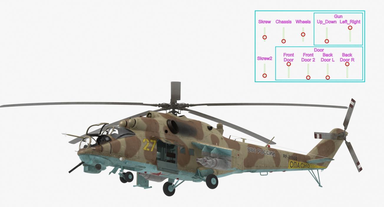 3D Russian Attack Helicopter Mil Mi-24B Hind Rigged model