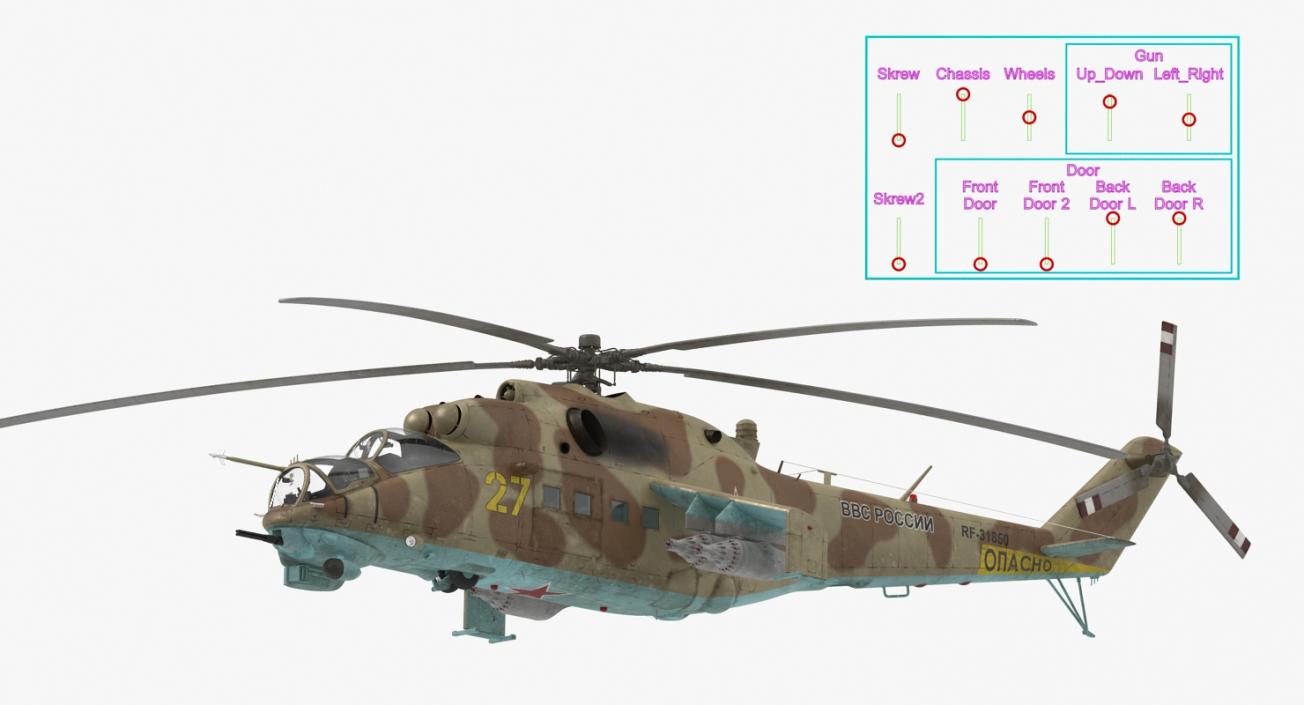 3D Russian Attack Helicopter Mil Mi-24B Hind Rigged model