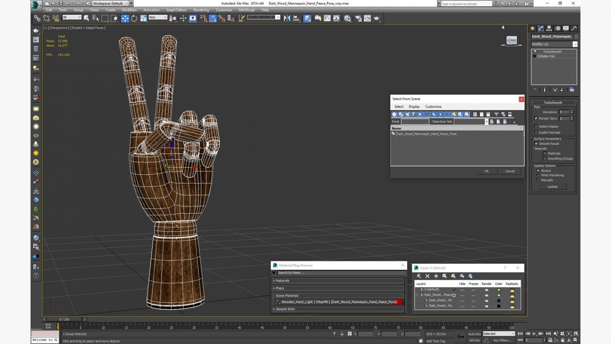 3D model Dark Wood Mannequin Hand Peace Pose