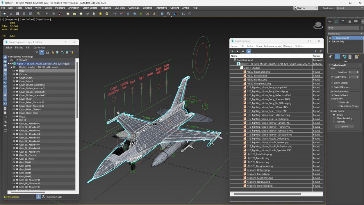 Fighter F-16 with Missile Launcher LAU-129 Rigged 3D model