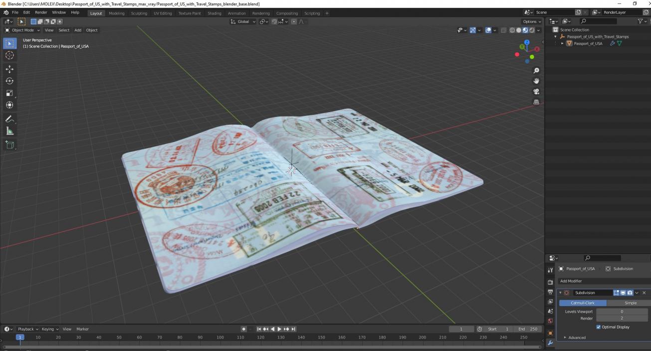 3D model Passport of US with Travel Stamps 2