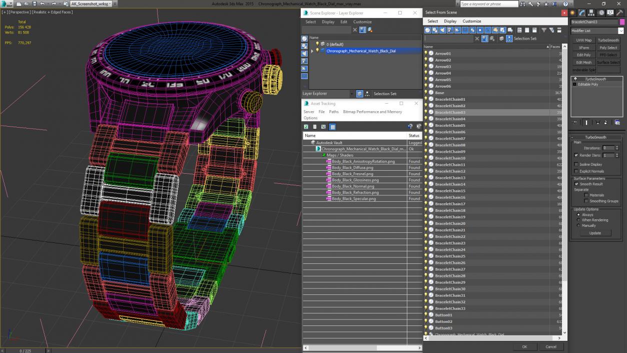 Chronograph Mechanical Watch Black Dial 3D model