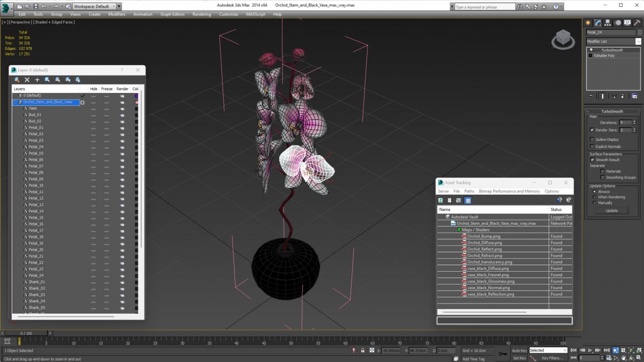 3D Orchid Stem and Black Vase