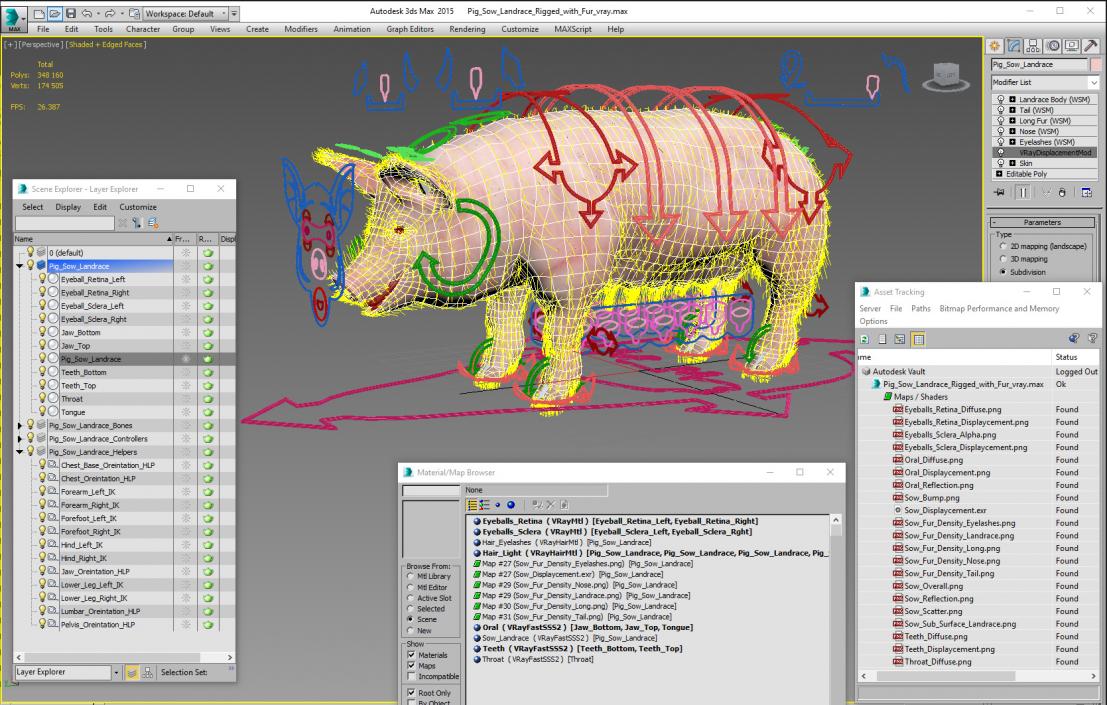 Pig Sow Landrace Rigged with Fur 3D