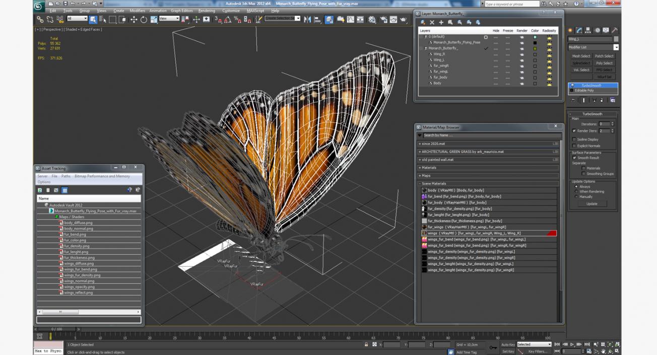 3D Monarch Butterfly Flying Pose with Fur model