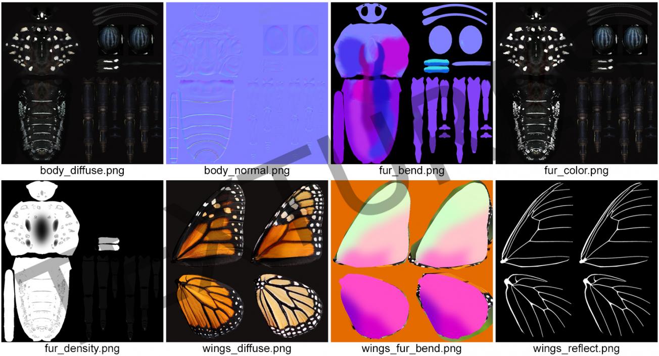 3D Monarch Butterfly Flying Pose with Fur model