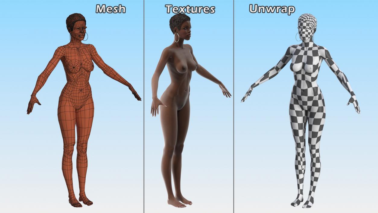 Nude Dark Skin Woman Rigged 3D