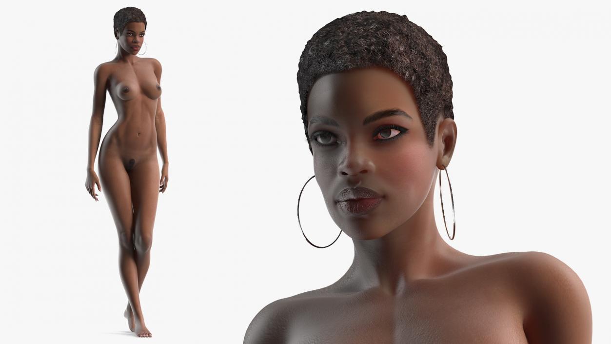 Nude Dark Skin Woman Rigged 3D