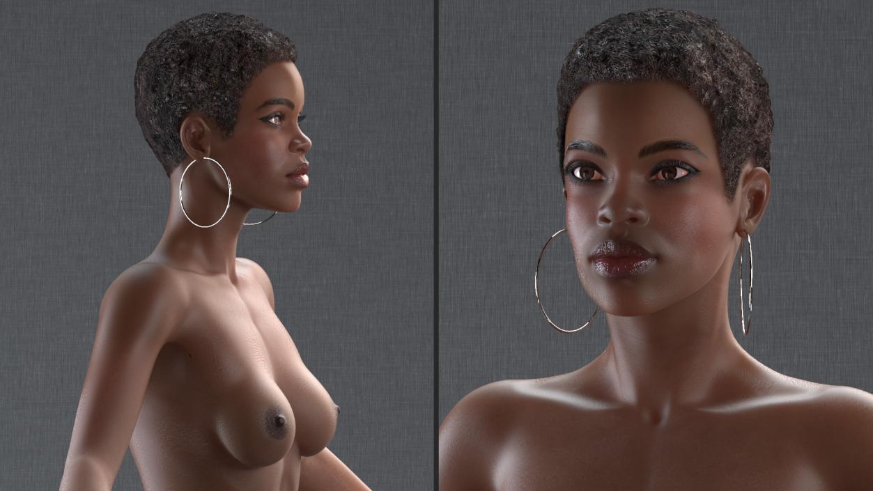 Nude Dark Skin Woman Rigged 3D