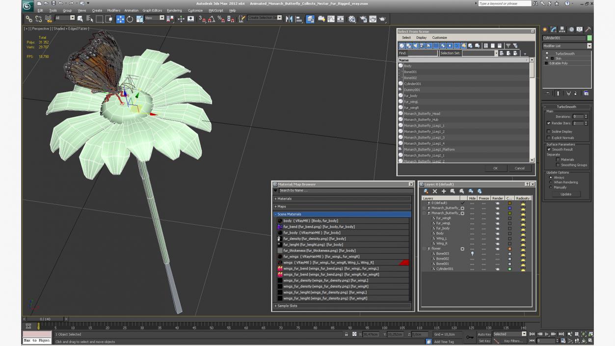 3D Animated Monarch Butterfly Collects Nectar Fur Rigged model