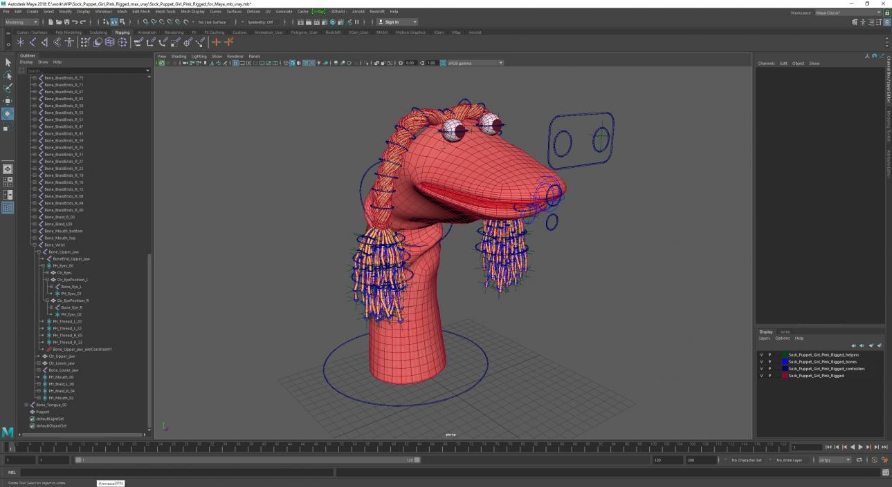 Sock Puppet Girl Pink Rigged for Maya 3D