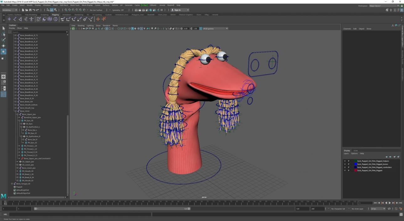 Sock Puppet Girl Pink Rigged for Maya 3D